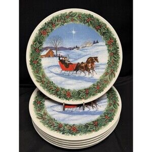 Set Of 6 Pickard China Sleigh Ride Dinner Plates 10.5” Round Ex Cond. Christmas
